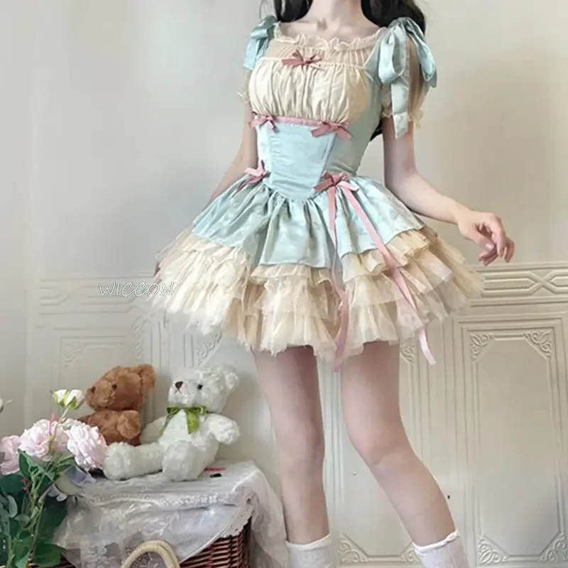 Japanese Lolita Jsk Dress Sweet Women Vintage Bow Ribbon Party Princess Dresses Girls Kawaii Ballet Style Mesh Y2k Mini Dress