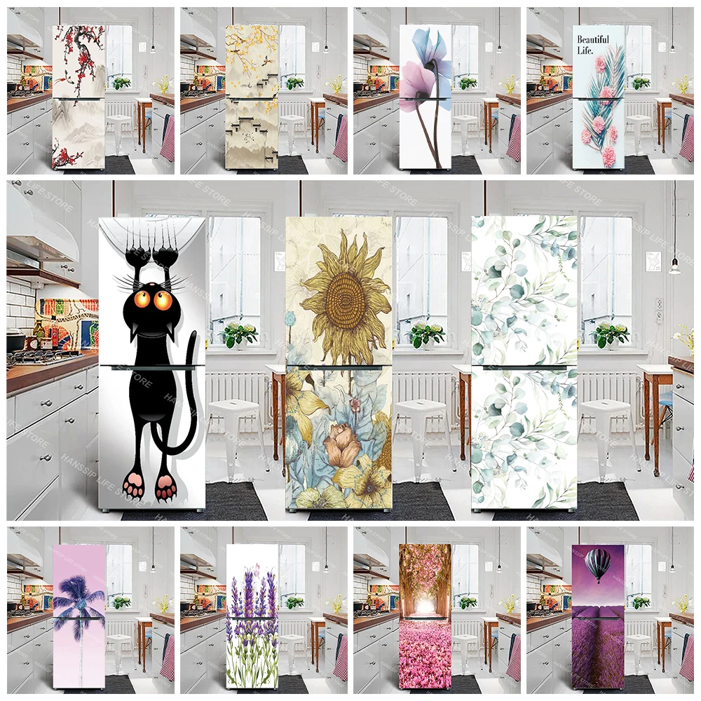 

Watercolor Painting Creative Refrigerator Door Wrap Stickers Kitchen Waterproof Vinyl INS Floral Fridge Door Mural Decals