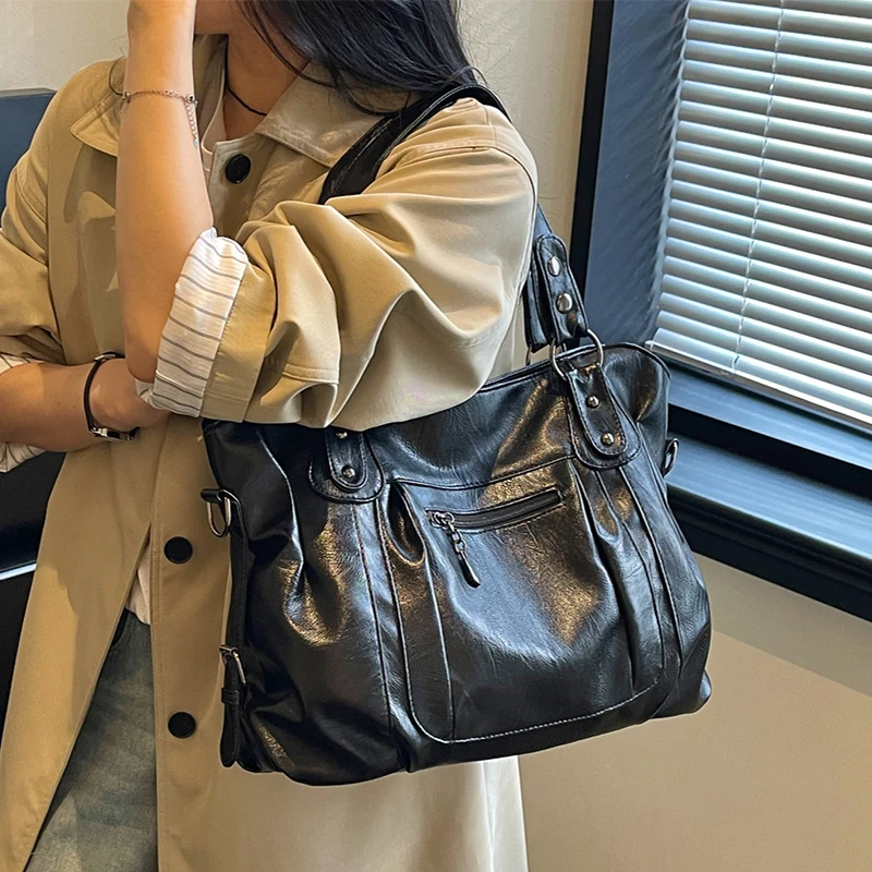 Women PU Leather Tote Bag Large Capacity Handbag with Front Zipper Pocket Removable Strap Shoulder Bag for Daily Office Travel