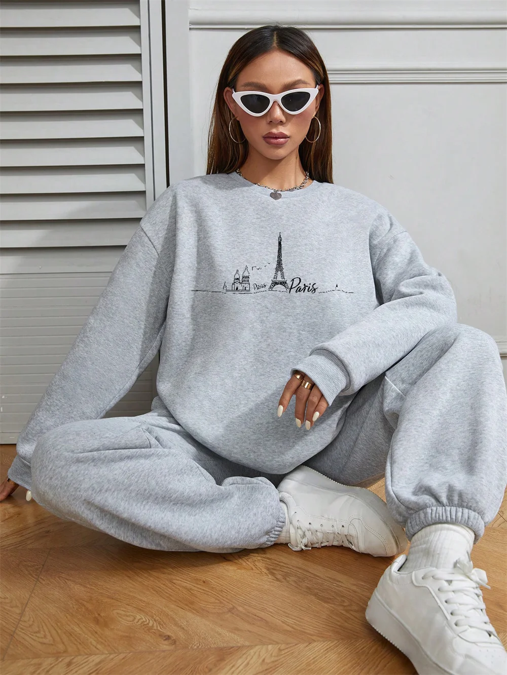 Women Paris Towel Print Casual Pullovers Sweatshirt Ladies Long Sleeve Loose Blouse Winter Female Fashion Clothes Top Sweatshirt