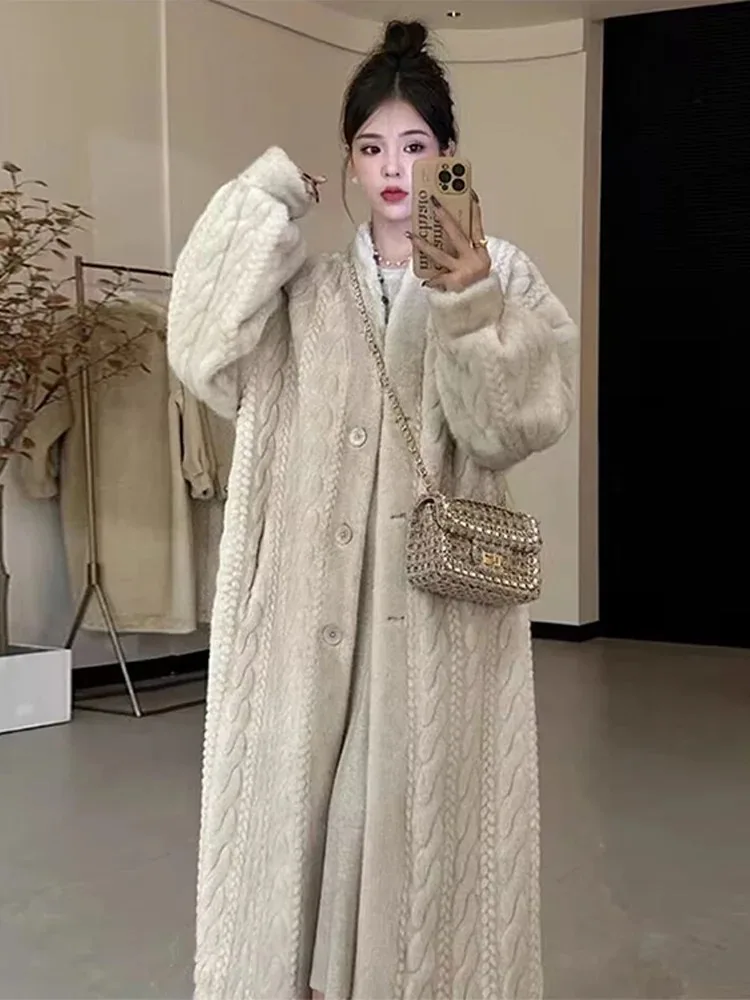 Winter Thicken Faux Fur Coat Women Long Sleeve Single Breasted Loose Female Long Jacket Knit Lady Fashion Oversized Outcoat