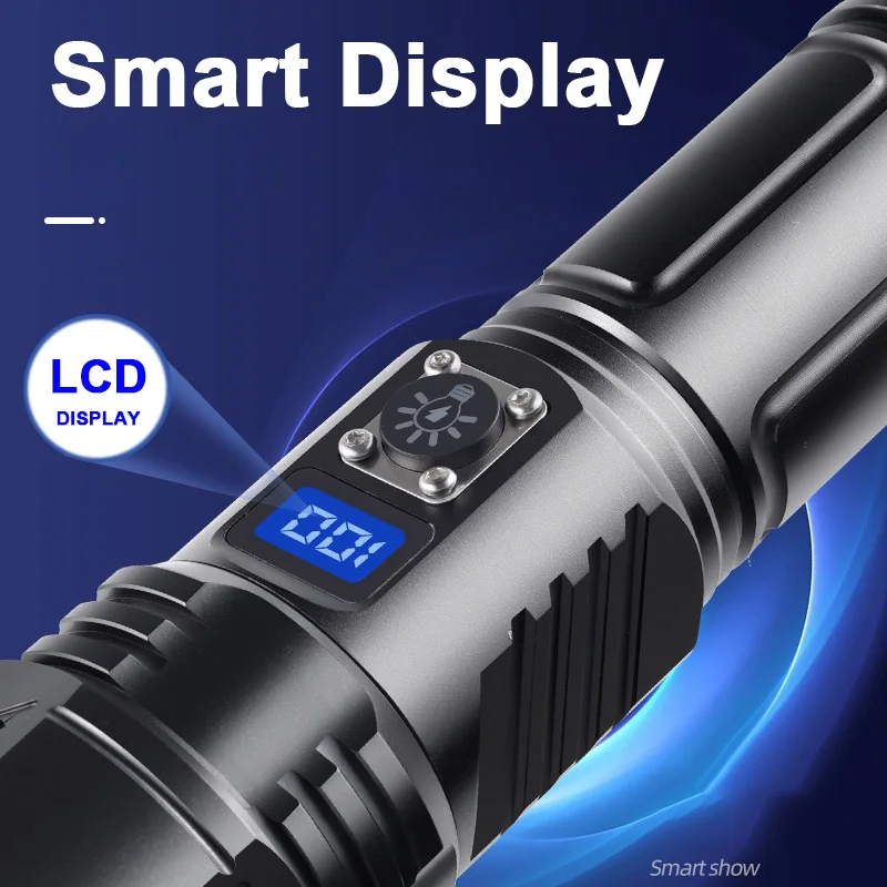 600W High Power White LED Flashlight Waterproof Long-range Outdoor Searchlight Aluminum Zoom Light Digital Display USB Charging