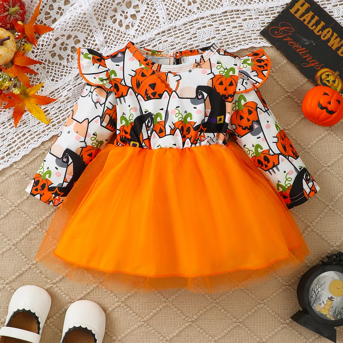 0-3 Year old Children\'s Girl Dress Round neck Cartoon Halloween Element Tulle Long sleeved Dress Girl Halloween Party Dress