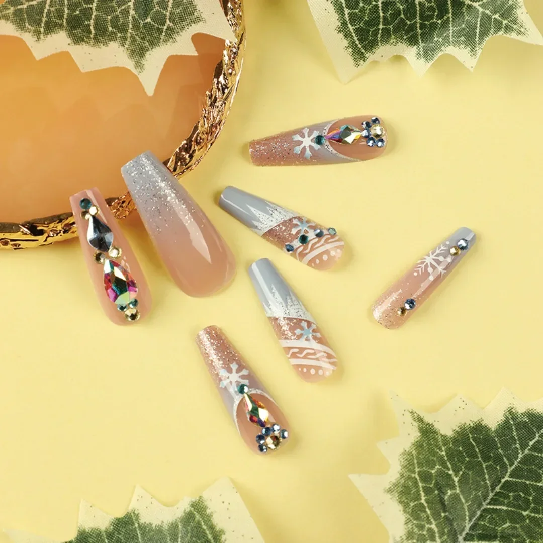 24개/세트 크리스마스 프레스온 네일 키트 눈송이 글리터 블루 프렌치 가짜 네일 다이아몬드 포함 엑스트라 롱 인조 네일 아트 아크릴