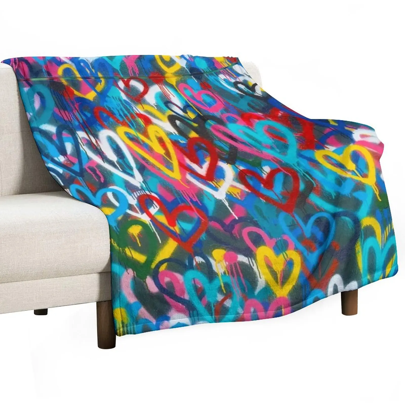 

Graffiti Urban colorful graffiti city wall chaotic hearts pattern painting grunge rainbow love Throw Blanket Plush Blankets