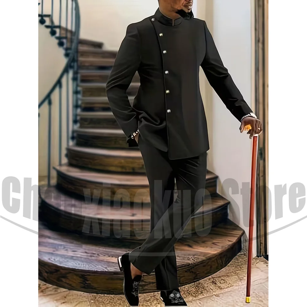 

Men's Black Mandarin Collar Suit Chic Single Breasted Solid Color Blazer and Pants Formal Outfit for Smart Casual Wedding Party