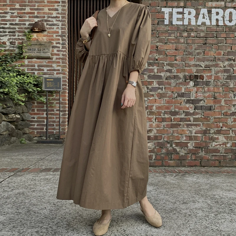 Johnature New Korean V-neck Solid Color Loose Women Dresses 2024 Autumn Casual Simple Three Quarter Sleeve Female Dress