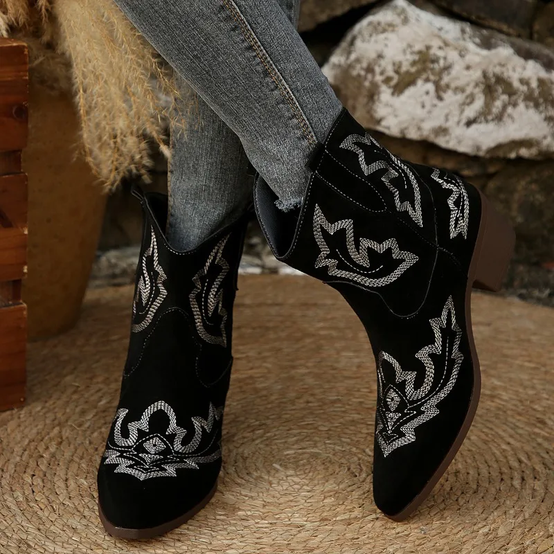 

Vintage Embroidery Pattern Boots Women 2025 Square Heel Pointed Toe Ankle Boots Woman Comfortable Faux Suede Booties