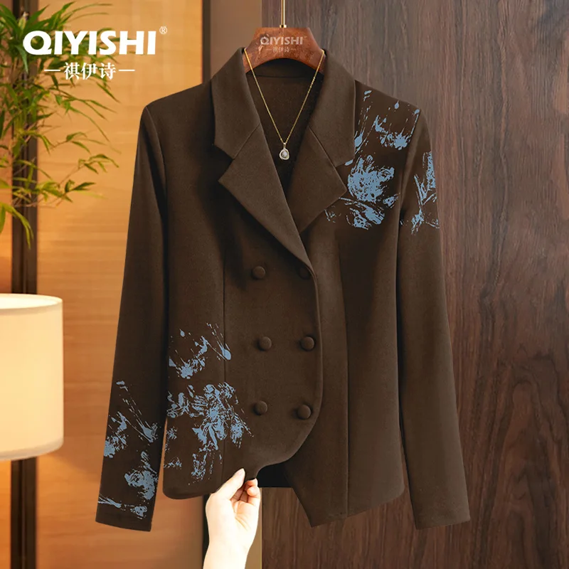 

Модный женский офисный пиджак с принтом, эластичный короткий стиль с длинными рукавами, обычный толстый осенний костюм, пиджаки