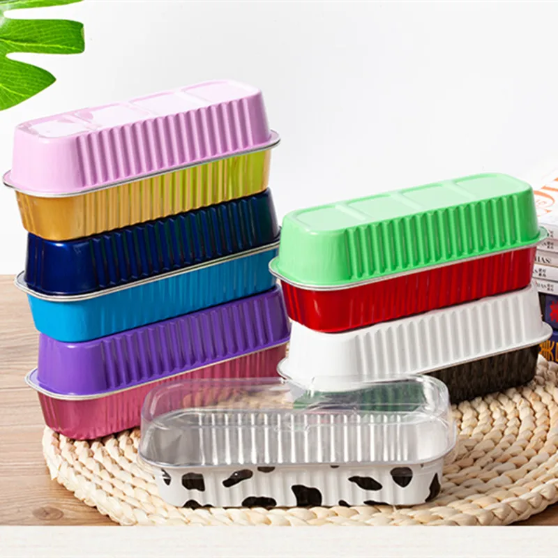 

50pcs Colorful aluminum foil baking cake box 200ml rectangular small tin cup cheese dessert bread packaging cup with lid