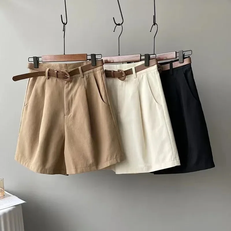 Verão perna larga shorts feminino escritório cintura alta terno shorts bege oversize solto botão sólido clássico casual shorts com cinto novo