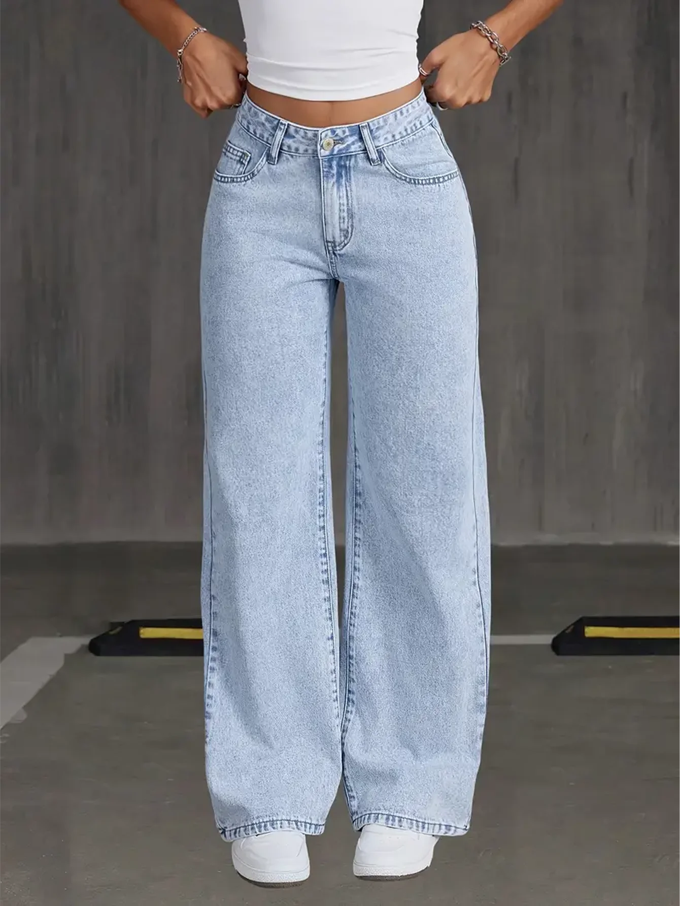 Women Non Stretch Wide Leg Jeans Light Blue Cross Border Hot Selling Denim Pants