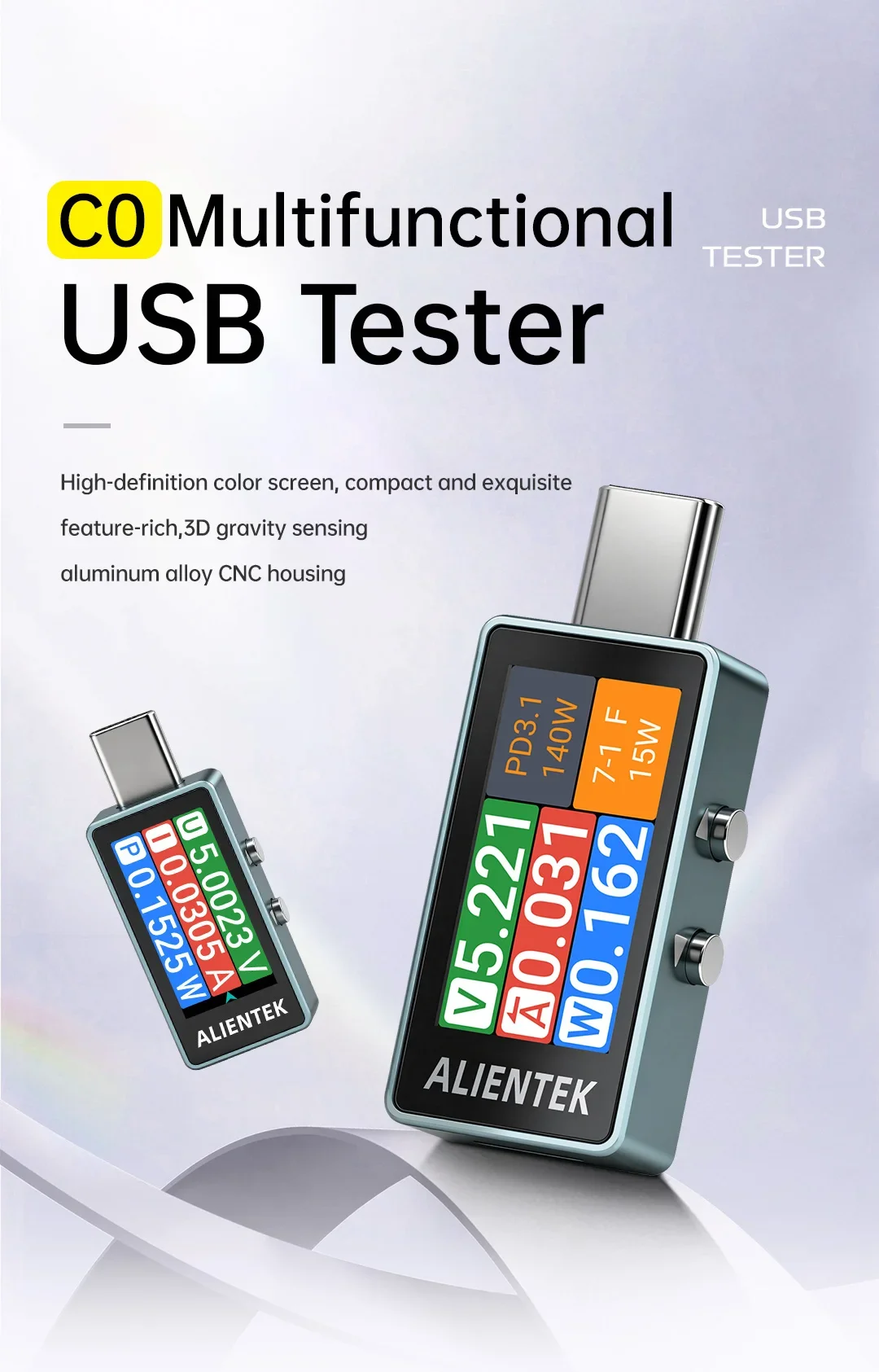 ALIENTEK C0 USB Tester Fast Charging Protocol Analyzer PD3.2 QC4.0 Power Meter Voltmeter Ammeter 16Bit ADC 216W for Laptop Phone