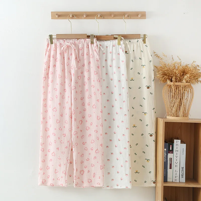 

Women's Casual Print Pants Drawstring Elastic Waist Loose Straight Pants with Pockets Sleep Bottoms Korean Home Wears Trousers