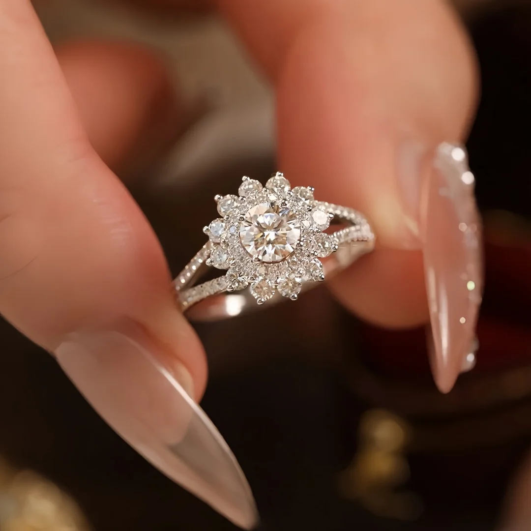 925 Sterling Silver, Light‑luxury Stylish Full‑encrusted Diamond‑studded Flower Ring for Women, for Banquets