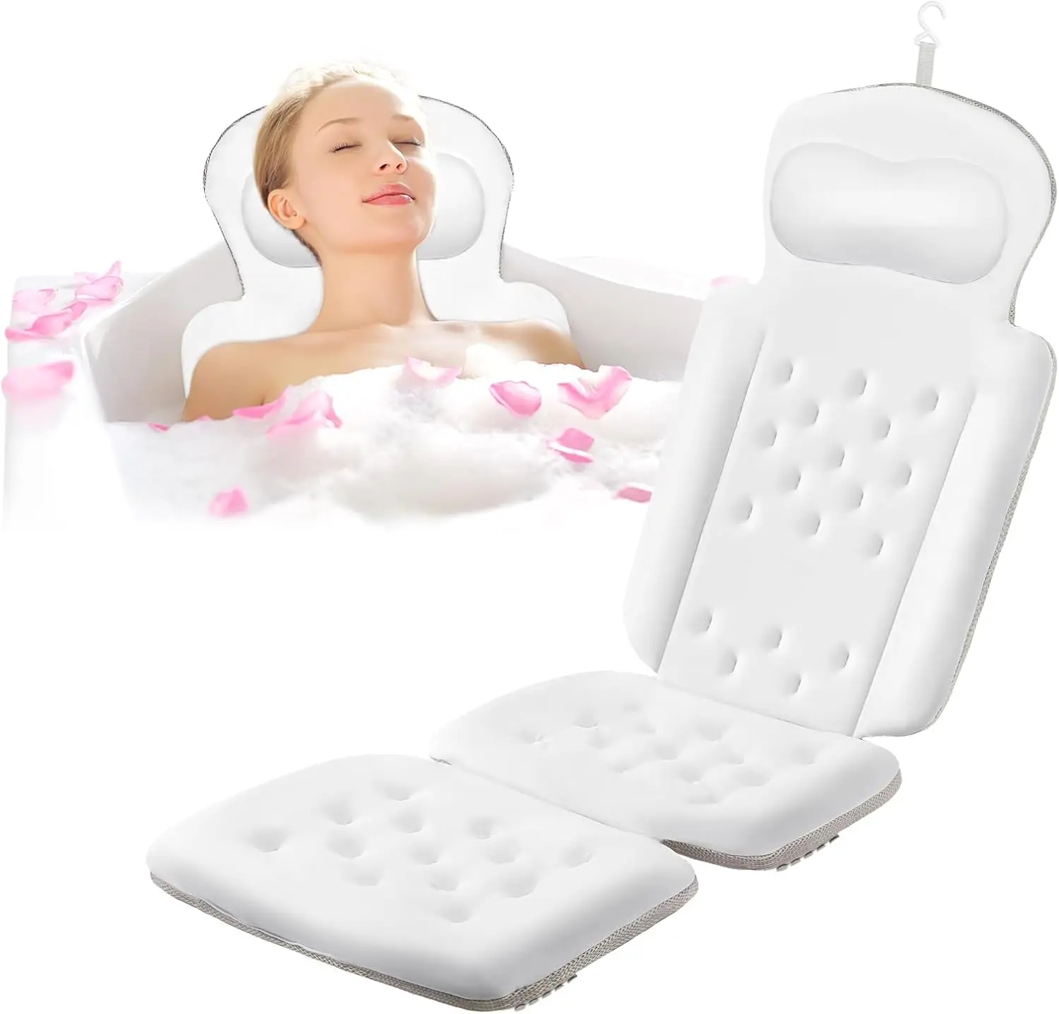 

Full Body Bath Pillow for Bathtub with Mesh Laundry Bag, Cushion Headrest Neck Back Support, 5D Air Mesh Quick Drying White
