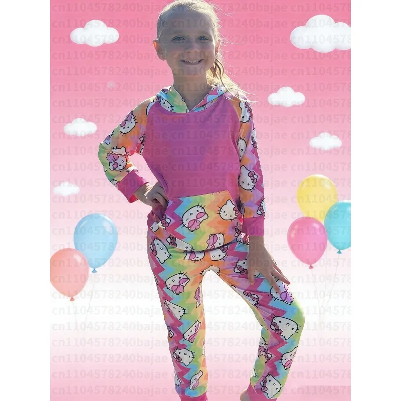 

2025-26 Осенне-зимний детский комплект свитшотов с капюшоном, детский комплект одежды Hello Kitty, одежда для девочек, топы, брюки