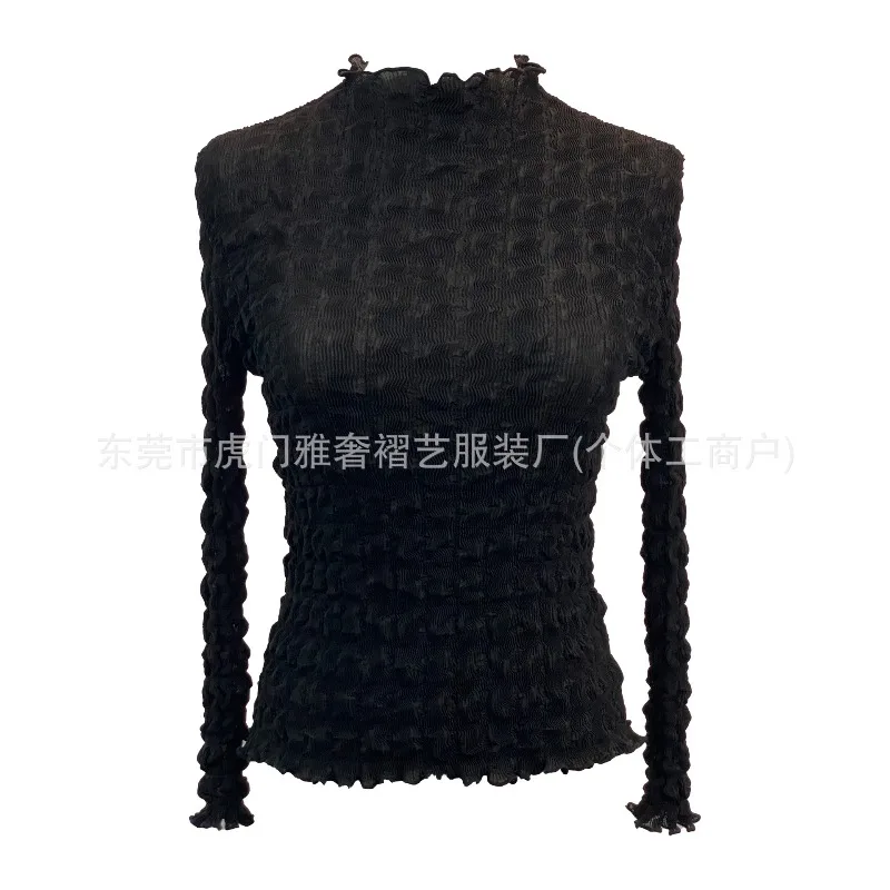 مياكي مطوي الدانتيل قاع تي شيرت الخريف والشتاء جديد سليم رقيقة نصف عالية الرقبة موضة مع بلوزة بأكمام طويلة الملابس