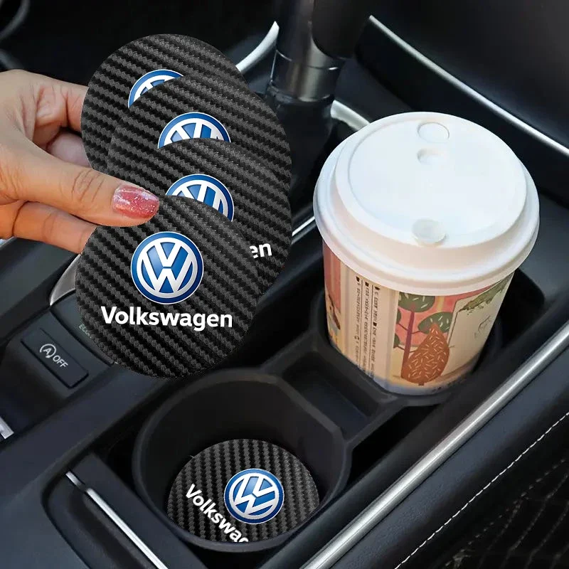 

2Pcs Car Anti-noise Coaster Water Cup Holder Carbon Fiber Pad For VW GTI Atlas Jetta Touareg Variant Golf Polo Taos Nivus Passat