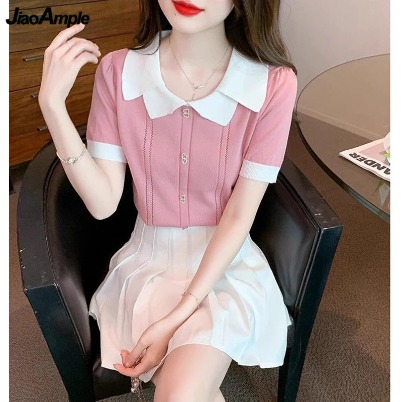 

Women Summer Sweet Pink Peter Pan Collar Thin Knit Tops Mini Skirts 1 or 2 Piece Set Korean Lady T Shirts Pleated Skirts Outfits