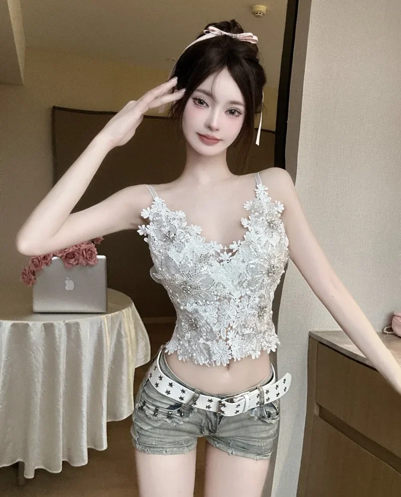 Fashion Spicy Girl Diamond Bead Lace Camisole Top Women Print Floral Backless Collarbone Slim Summer Celebrity Temperament Wear