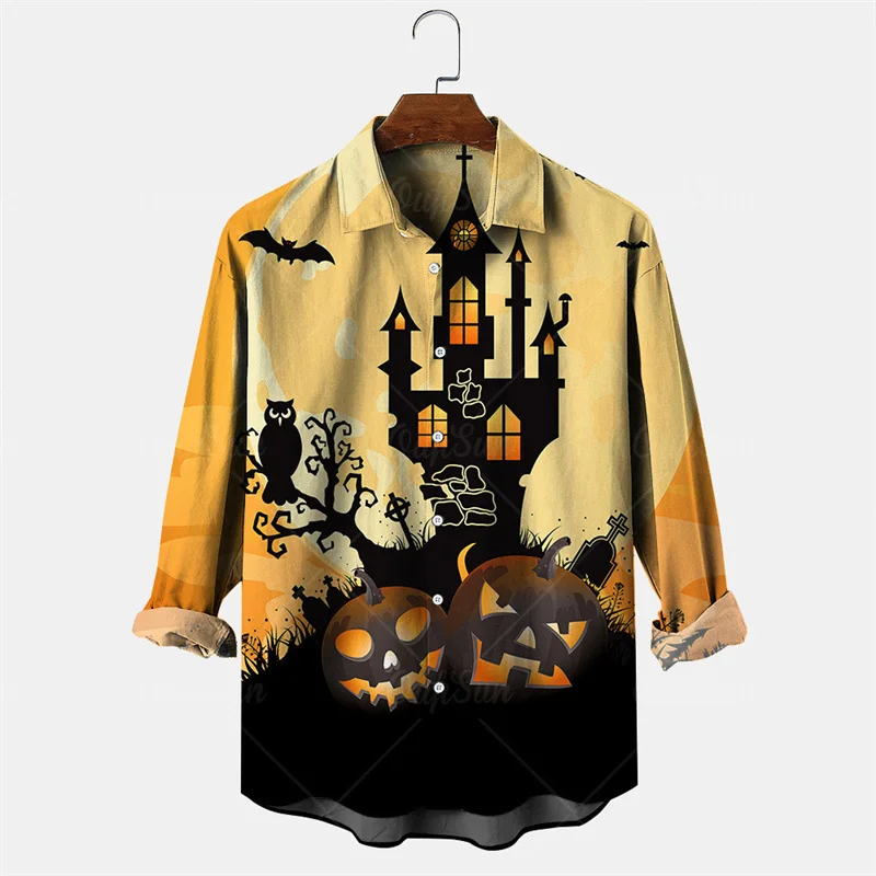 Brand New Mens Halloween Shirt Pumpkin Castle Pattern 3D Printed Long Sleeve Shirt Premium Horror Party Tops