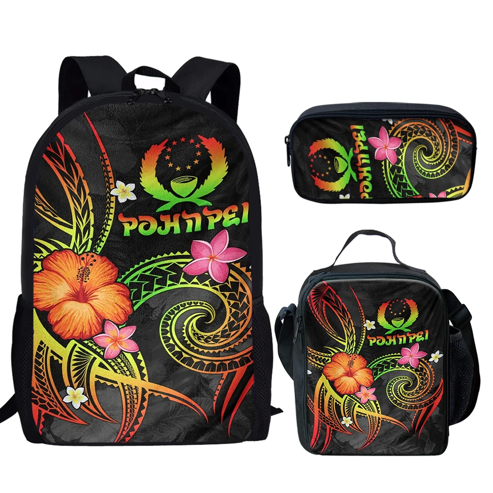 Pohnpei borsa da scuola con stampa Plumeria tribale polinesiana 3 pz/set zaino per bambini ragazze ragazzi zaino da tè borsa per il pranzo astuccio per matite