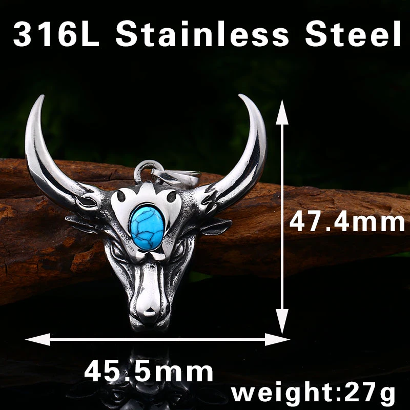 

Медный кулон с позолоченной стальной головой быка и бирюзой, винтажный, персонализированный, из нержавеющей стали, оптом