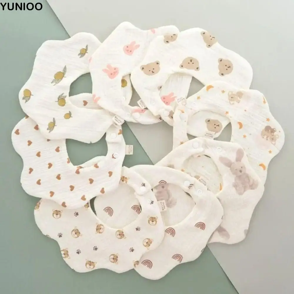 

Cute Cartoon Print Baby Bibs Adjustable Ruffled Edge Muslin Cotton Baby Feeding Bibs Soft Anti-fouling Saliva Towel Toddler