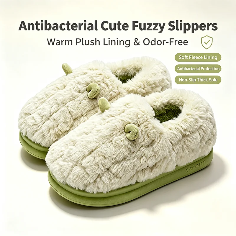 Cute Sheep Antibacterial Fuzzy Slippers Women Winter Warm Plush Non‑Slip Thick Sole Soft Indoor Home House Shoes