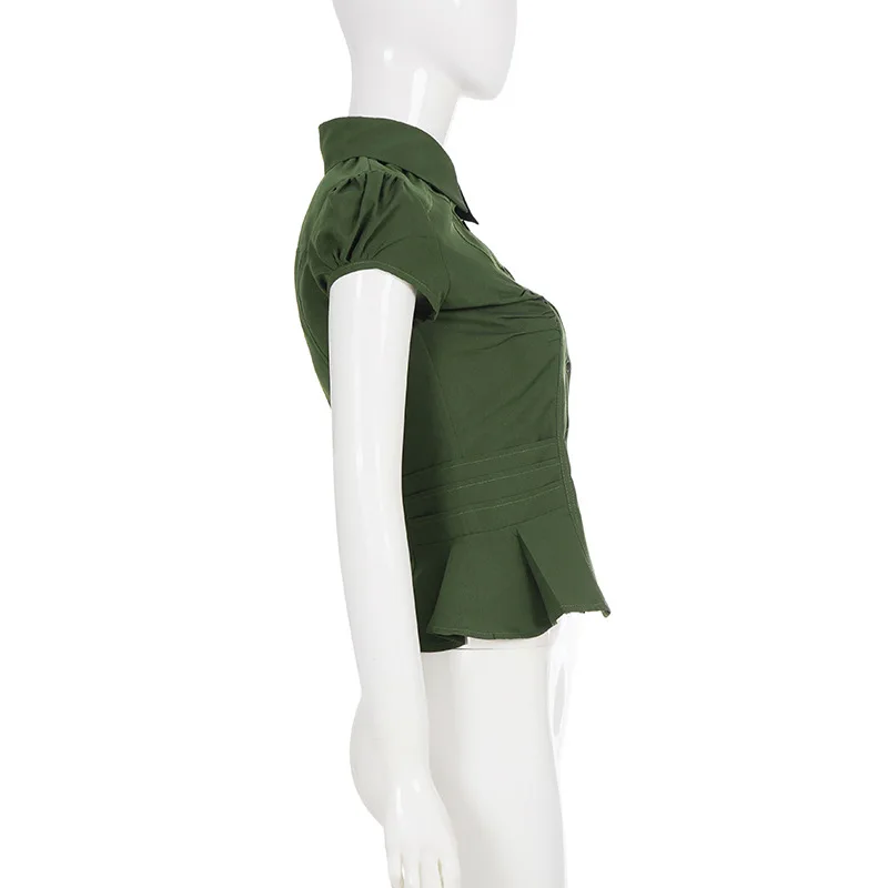 Summer Retro Vintage Style Green Buckle Bubble Sleeves Women's Short Sleeve Shirt