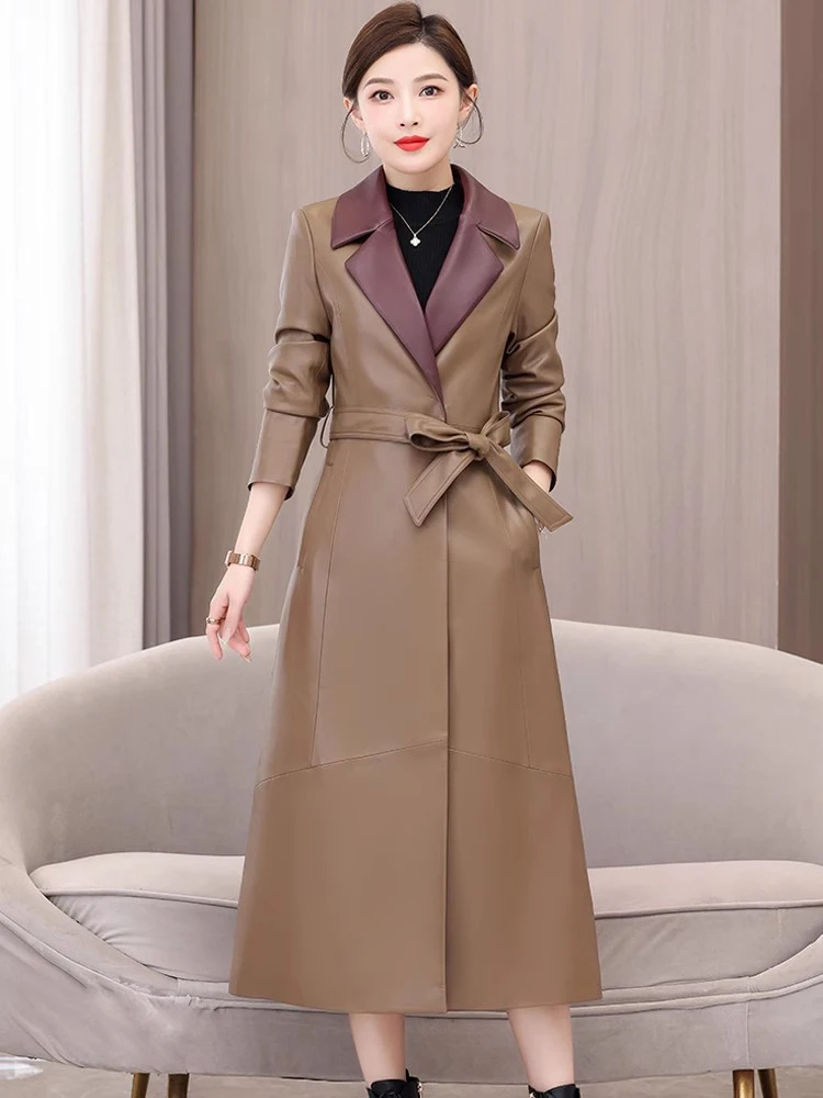 New Women Spring Autumn Long Leather Coat Fashion Turn-down Collar Slim Waist Black Coat Elegant Mid-Calf Split Leather Coat