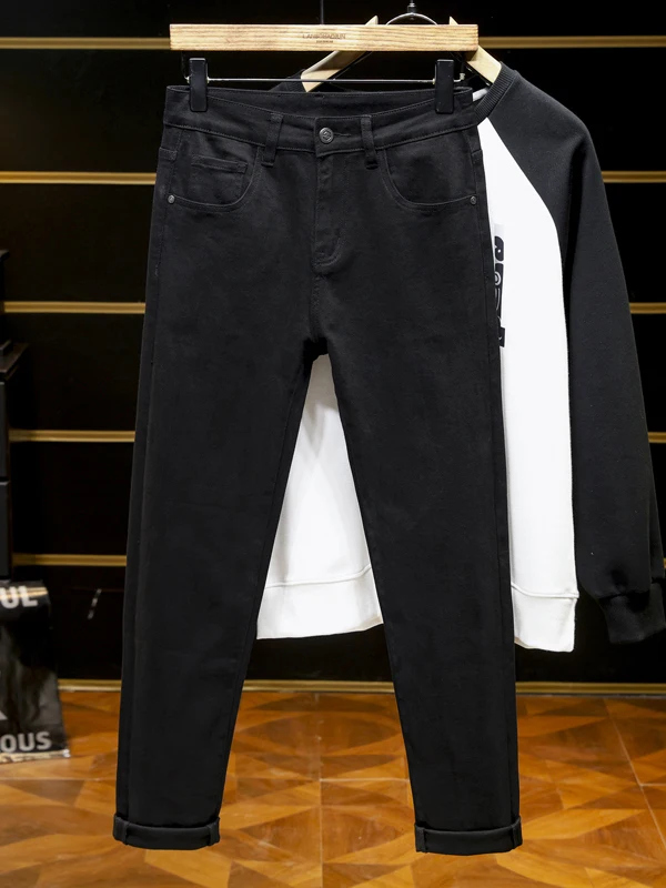 

Black Casual Slim Fit Men's Jeans Comfortable Fashionable Elastic Cotton Stretch Denim Long Pants Autumn Winter New Arrival