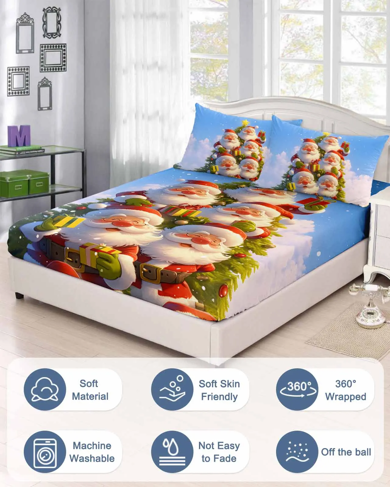 Christmas Santa Christmas Tree Snowflakes Polyester Fitted Sheet Mattress Cover Four Corners Elastic Band Bed Sheet Pilllowcase