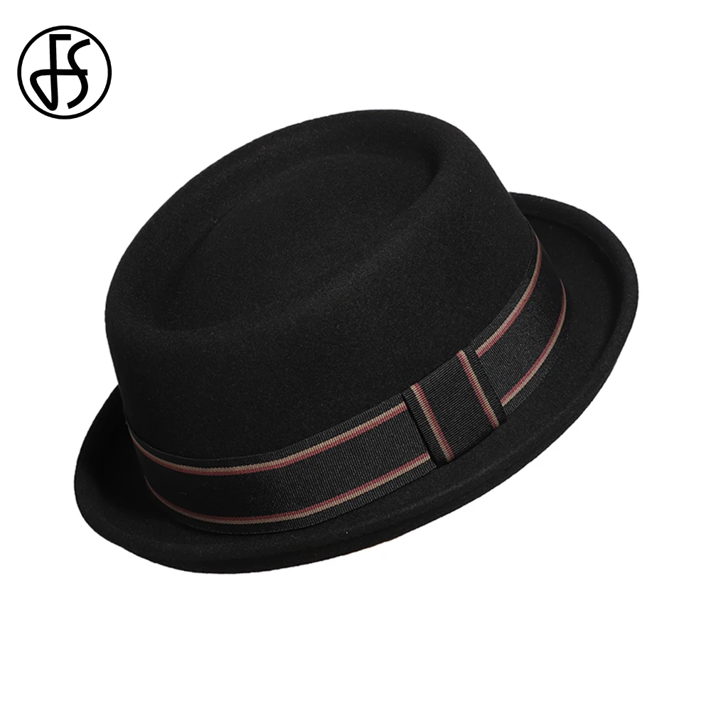 FS Gentlemen 2023 Roll Brim Pork Pie Hats For Men Unisex Simple Black Jazz Cap 100% Wool Fedoras Church Panama Gangsters Caps