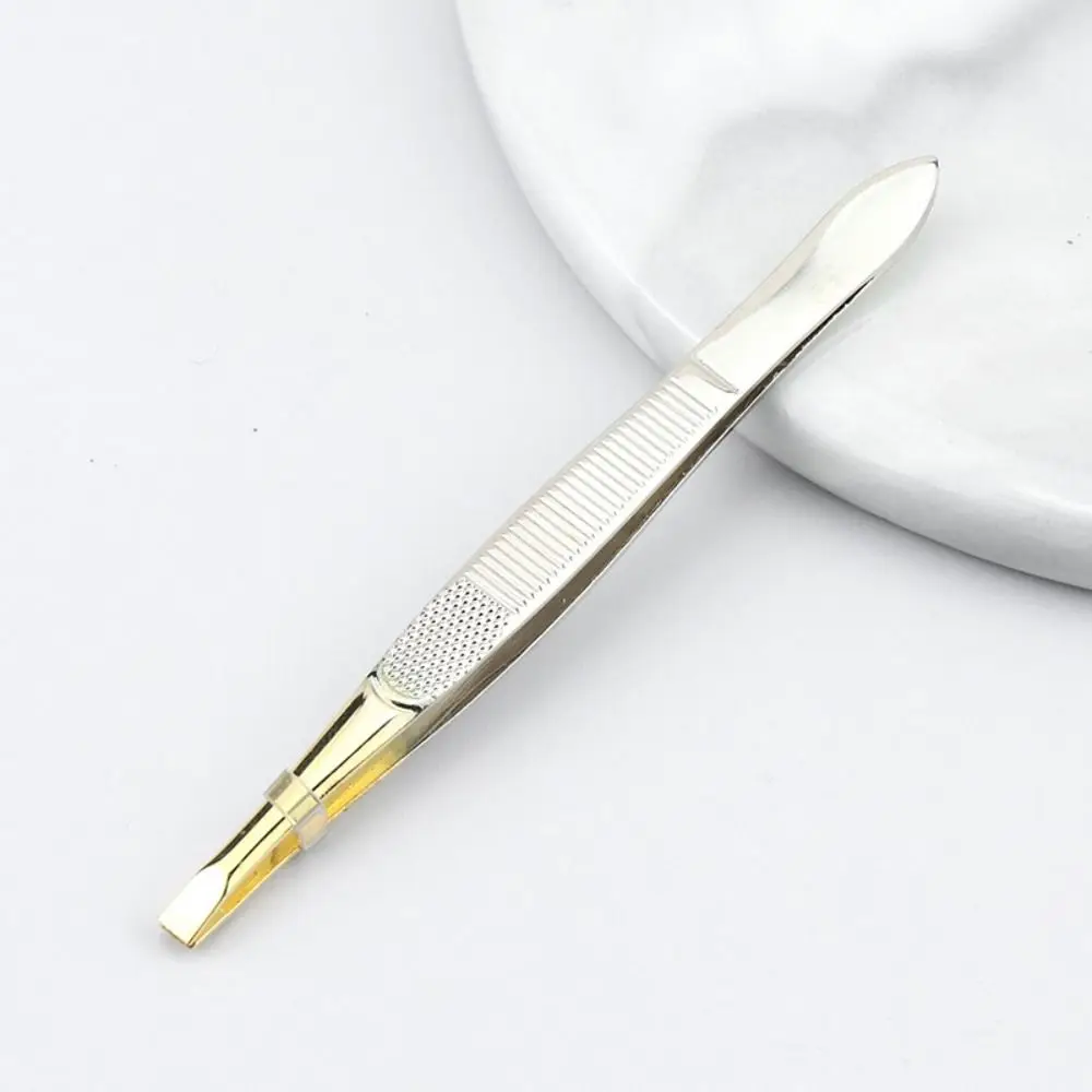 Stainless Steel Eyebrow Trimming Tweezers Flat Tip Plucking Eye Brow Clips Mesh Stripe Handle Slant Tip Eyelash Curler Girl