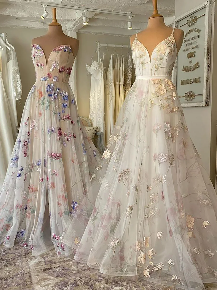 Vestidos de novia de corte en A con encaje y estampado Floral, sin mangas, estilo bohemio