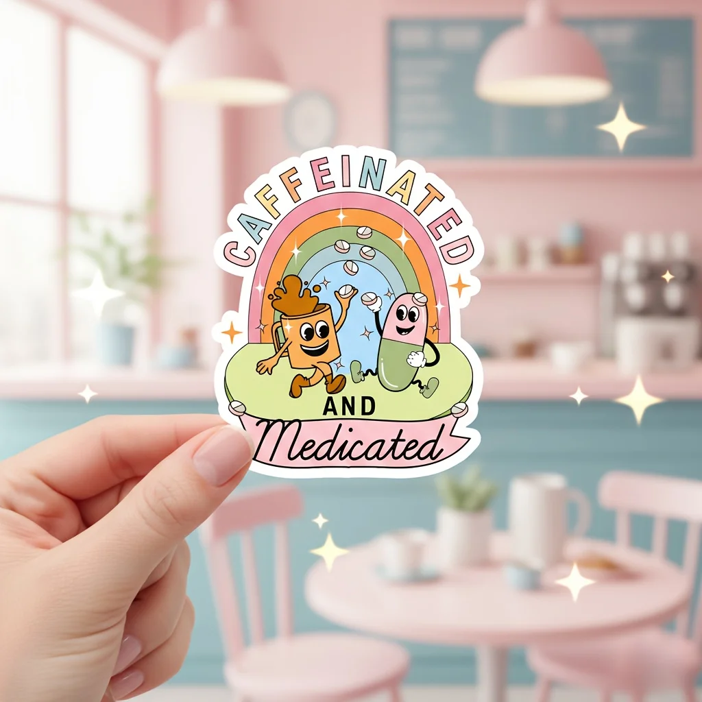 Coffee and elixir stickers. Humorous rainbow fun slogan stickers. Suitable for decorating laptops, water bottles, etc