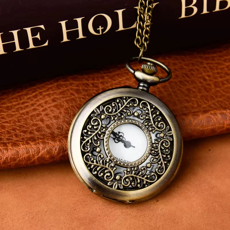 Bronze pocket watch hollow flower cane quartz watch large clamshell necklace pocket watch hang watch
