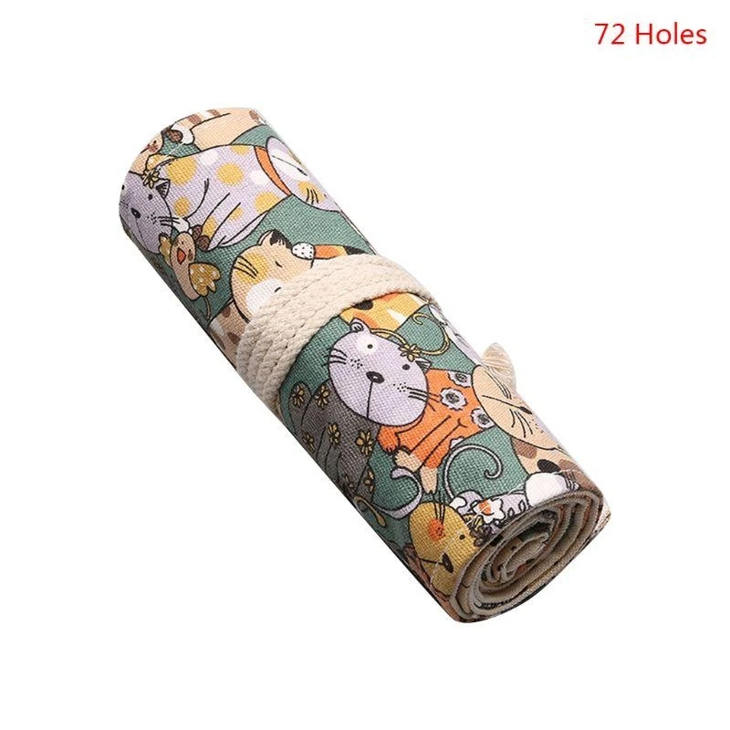 R6FF Cartoon for Cat 12/24/36/48/72 Holes Canvas Roll Pen Curtain Pencil Bag for Case Makeup Wrap Holder Storage School