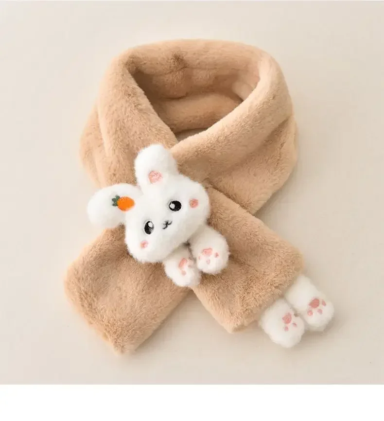 Boys Girls Winter Scarfs Thick Plush Cross Children\'s Scarf Baby Bib Cute Cartoon Rabbit Faux Fur Neck Protection Warm Shawl