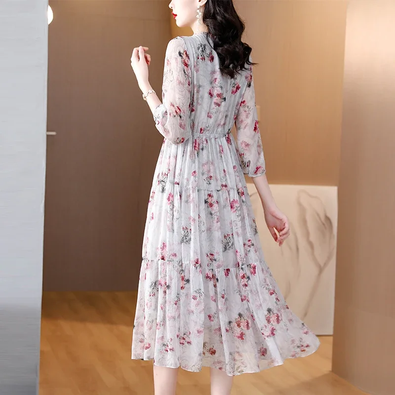 Robe mi-longue à manches courtes et col rond pour femmes, robe florale d'été, mode bohème, décontracté, maison, coréen, élégant, luxe, robe de fête