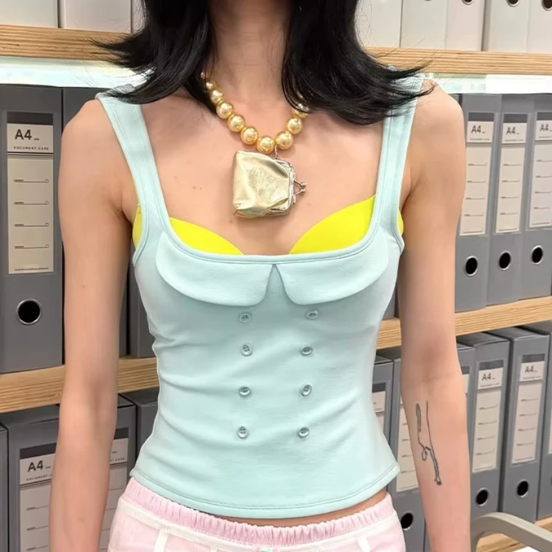 French Elegant U Back Sleeveless Tank Tops Fashion Fake Double Breasted Buttons Lapel Collar Slim Leisure Vest Women's Clothes