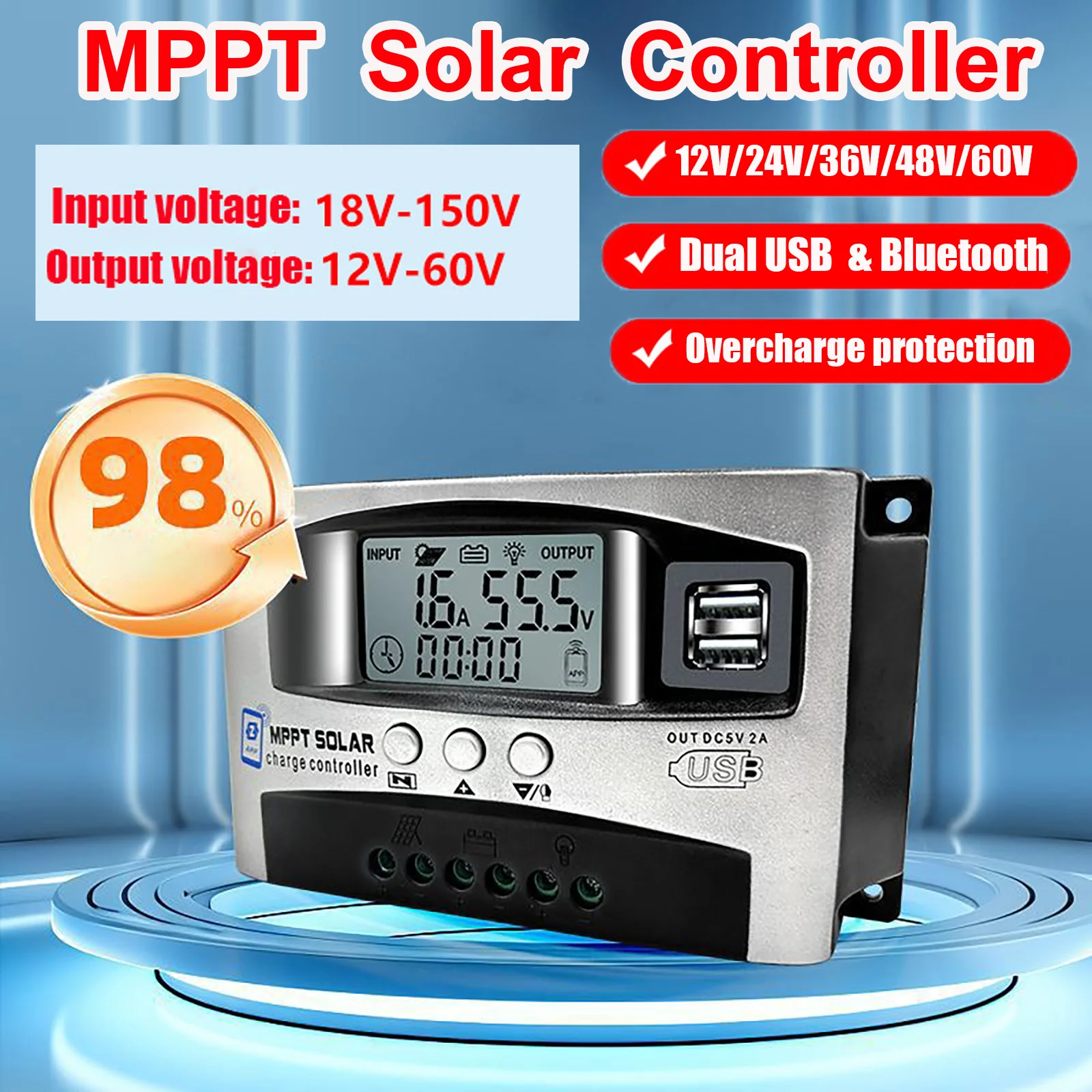 

Solar Controller MPPT 10A 30A 40A 50A 60A 12V-60V Step-down Bluetooth Dual USB LCD Solar Regulator for Panel Lithium Batteries