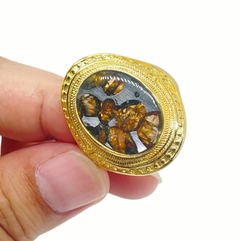 6.8g SSeymchan Pallasite Meteorite Alloy Adjustable Ring Natural Olivine Crystal Inlay Finger Jewelry Collection - LB181