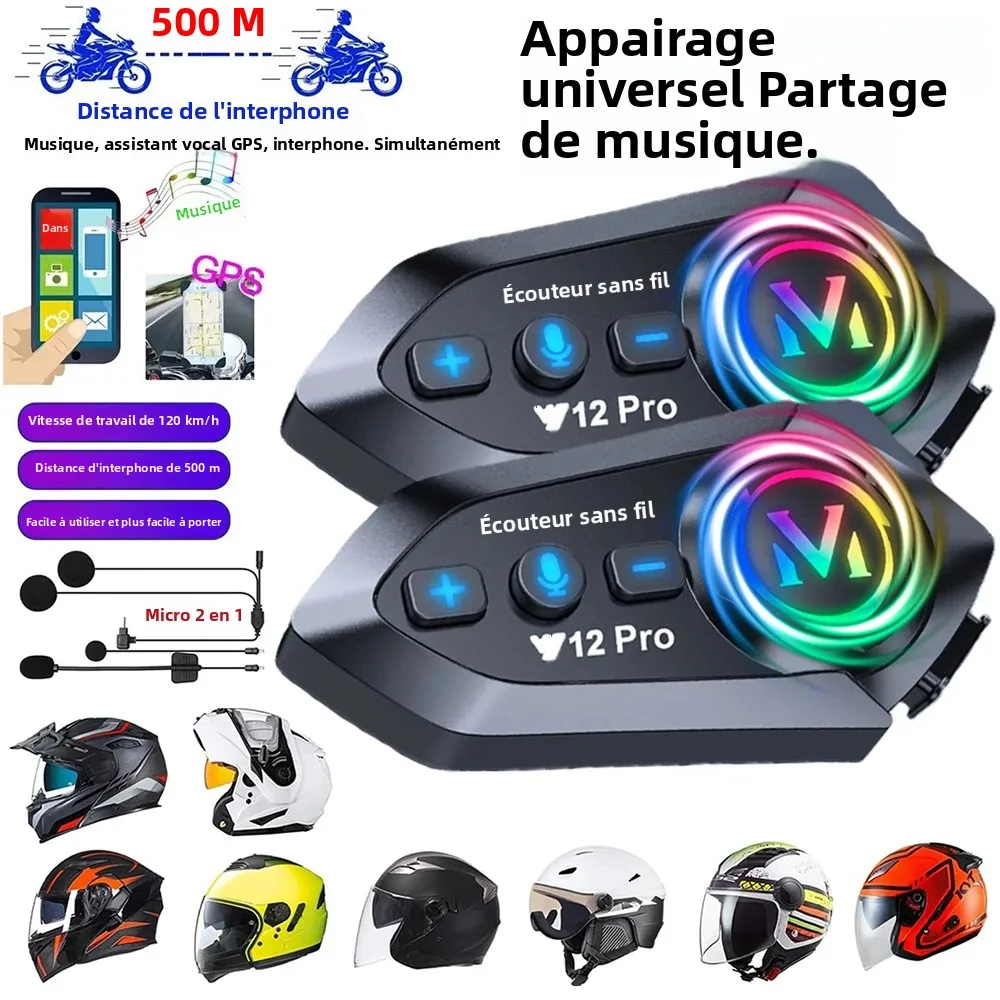 Interphone musical double Bluetooth 5.4, casque de moto, casque d'écoute, étanche 500m, haut-parleur, 1/2x