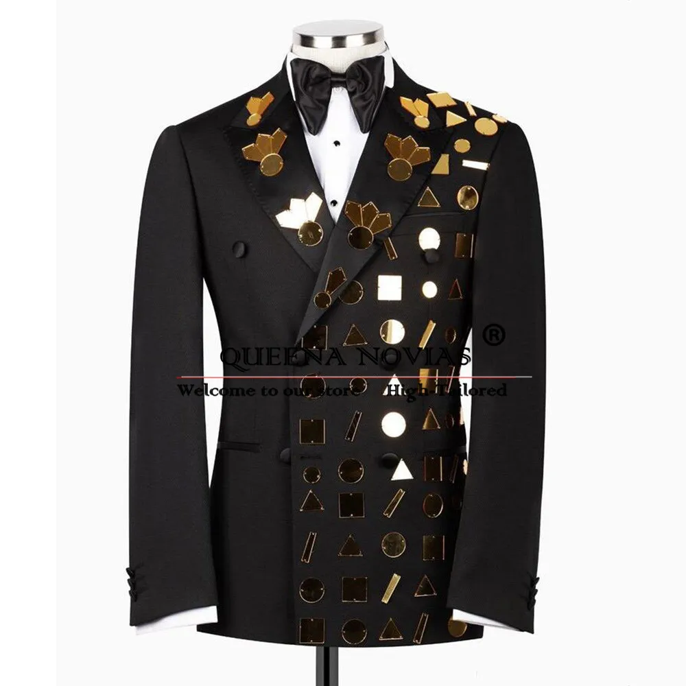 Gold Mirror Decorated Tuxedo Unique Design Double Breasted Boy Suits For Wedding Party Prom Blazer Children Birthday Kids Dress