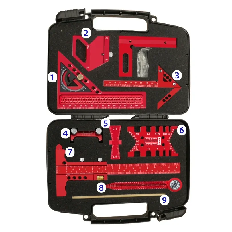 9Pcs Woodworking Square Kit with Box, Aluminum Scribeing Ruler,Center Finder,Circular Drawing Compass,Honing Guide,Height Gauge
