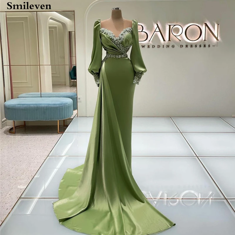 

Smileven Green Saudi Arabia Mermaid Evening Dresses Long Sleeve 3D Flowers Pleats Prom Dress With Shawl Party Dress 2023