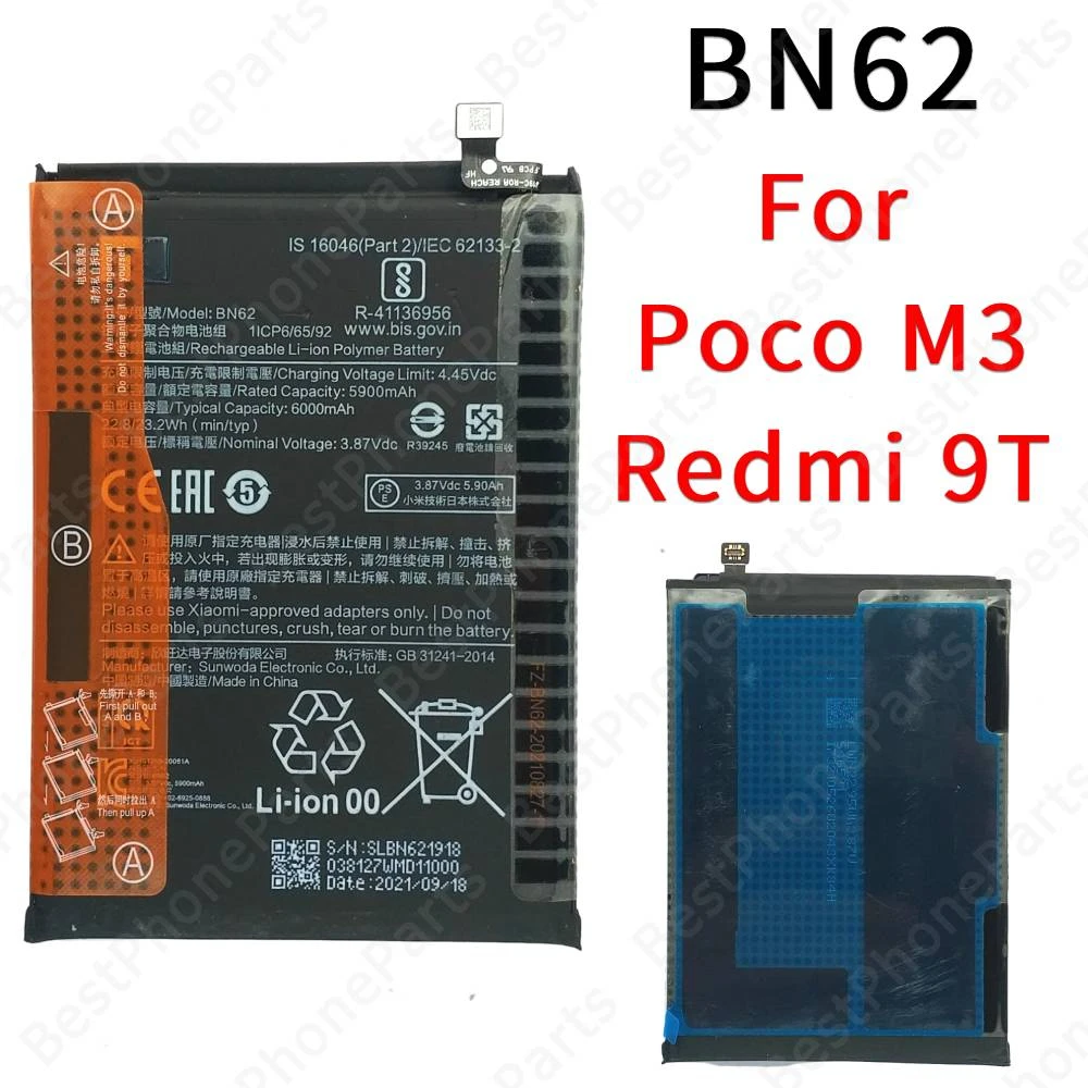 

Battery For Xiaomi Poco M3 Redmi 9T Bateria Li-ion BN62 Spare Parts 6000 mAh Cellphone Replacement